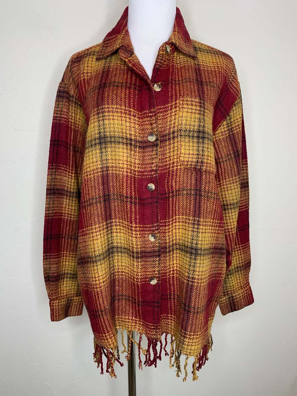90s Fringe Western Shacket Jacket Plaid Mustard Red Size Medium Wool Blend